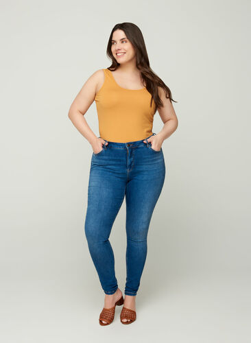 Super slim Amy jeans med hög midja, Blue denim, Model image number 0