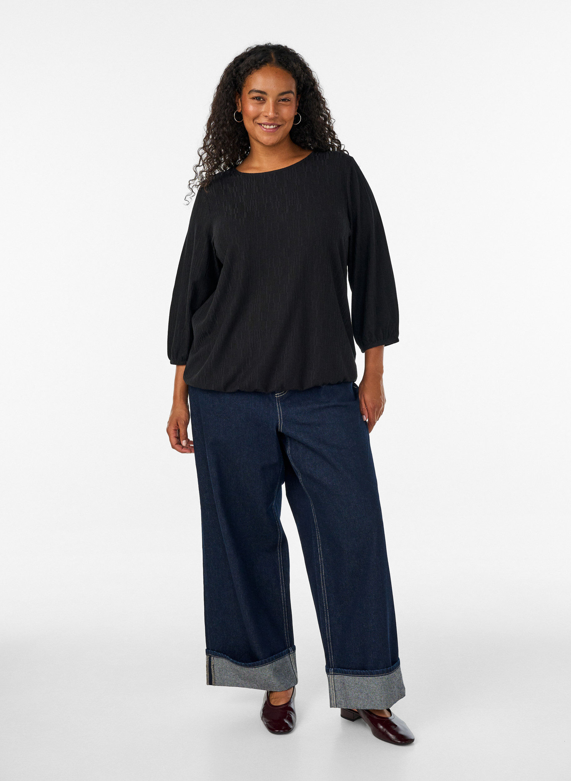 ZizziBlus med struktur och 3/4-&auml;rmar, Svart, Model image number 1