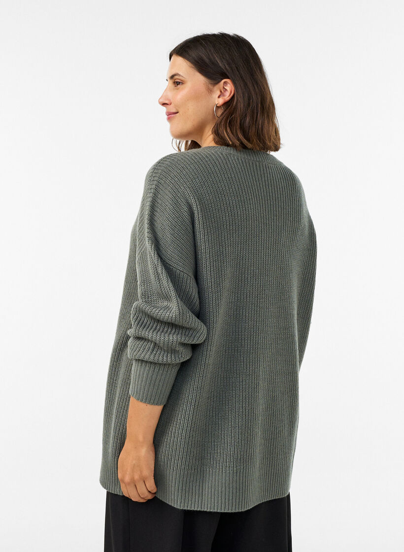 L&aring;ng ribbstickad blus med V-ringning, Gr&ouml;n, Model image number 2