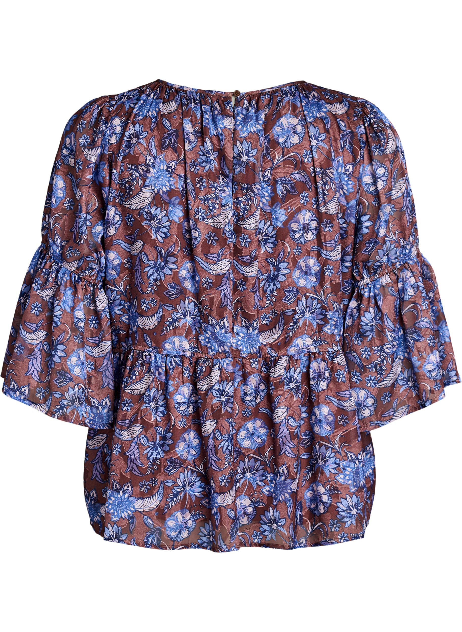 ZizziBlommig blus med volang&auml;rmar, Brun, Packshot image number 1