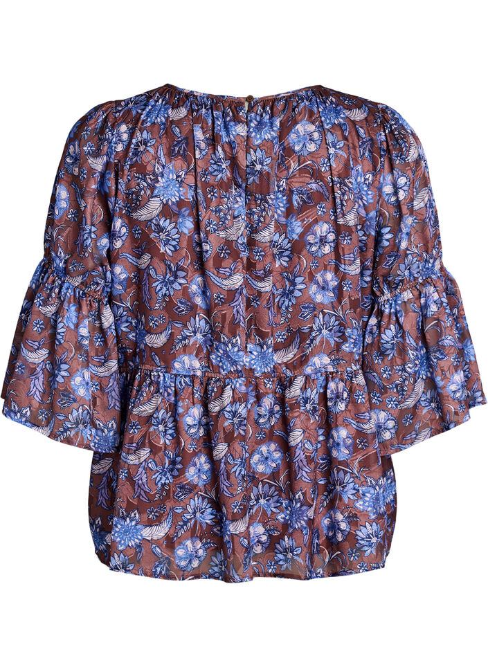 Blommig blus med volang&auml;rmar, Brun, Packshot image number 1