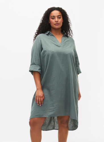 Randig klänning i bomull och linne, Balsam Green, Model image number 0