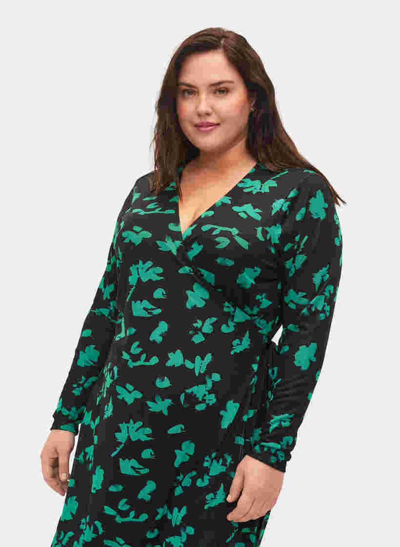 Omlottklänning i tryckt meshtyg, Black Green , Model image number 2