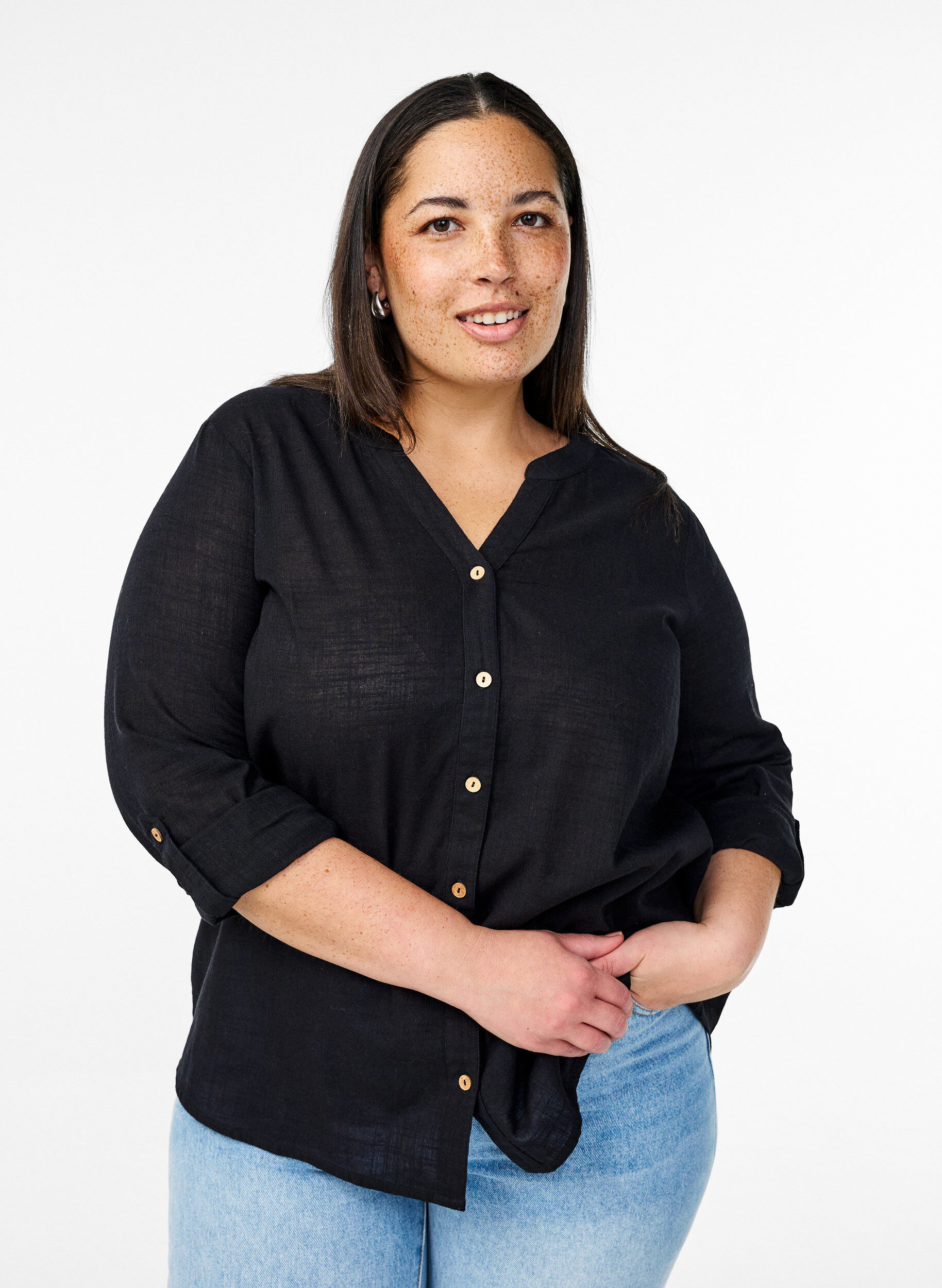 ZizziBomullsblus med v-ringning, Svart, Model image number 0