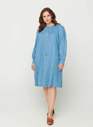 Långärmad denimklänning med pufffärmar, Blue denim ASS, Model image number 2