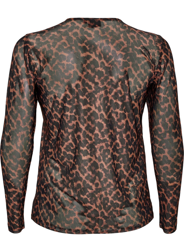 Blus i mesh med m&ouml;nster, Brun, Packshot image number 1