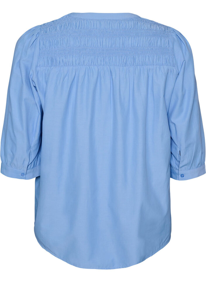 Blus med smock och 3/4-&auml;rmar, Bl&aring;, Packshot image number 1
