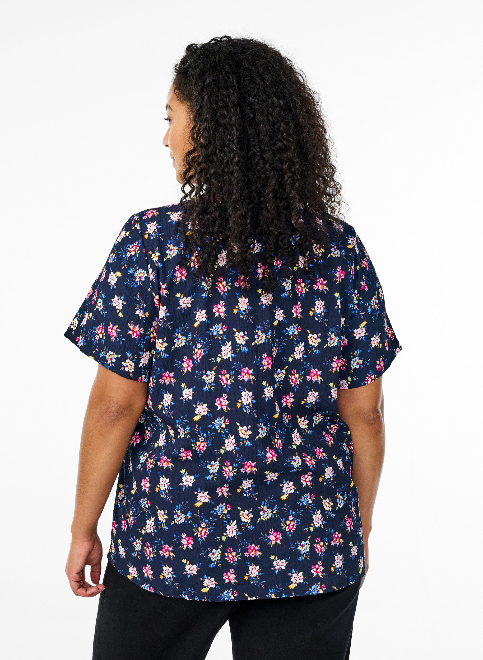ZizziKort&auml;rmad blus med struktur, Bl&aring;, Model image number 2