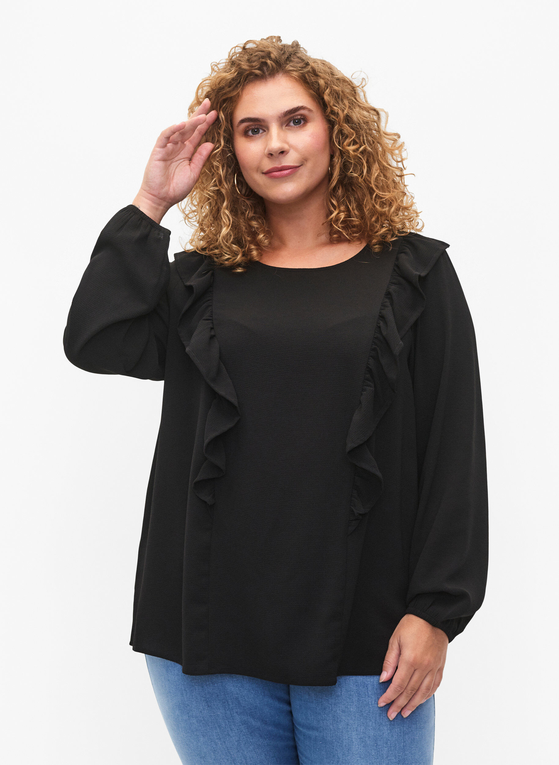 Zizzi L&aring;ng&auml;rmad blus med volanger, Black, Model image number 0