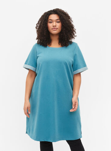 Sweatshirtklänning med korta ärmar och slits, Brittany Blue, Model image number 0