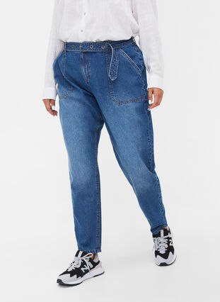 Högmidjade jeans med bälte, Blue denim, Model image number 2