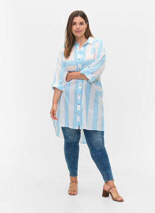Randig bomullsskjorta med 3/4-ärmar, Blue Bell Stripe, Model image number 2
