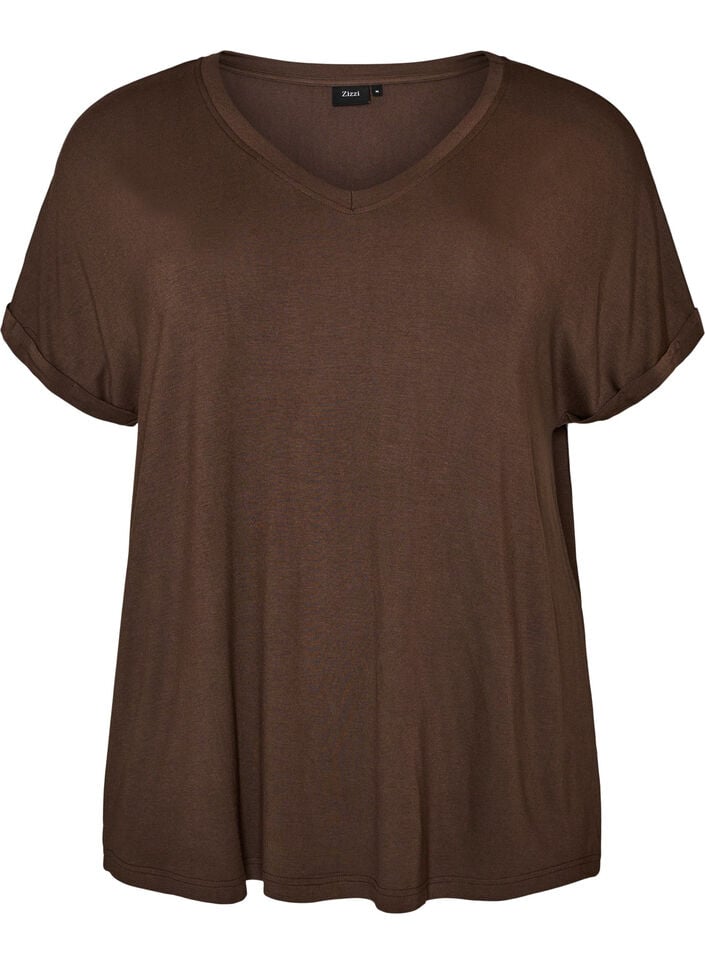 Bas-t-shirt med v-ringning i viskos, Brun, Packshot image number 0