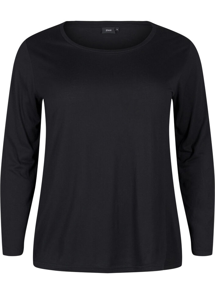 L&aring;ng&auml;rmad blus i ull och viskos, Svart, Packshot image number 0