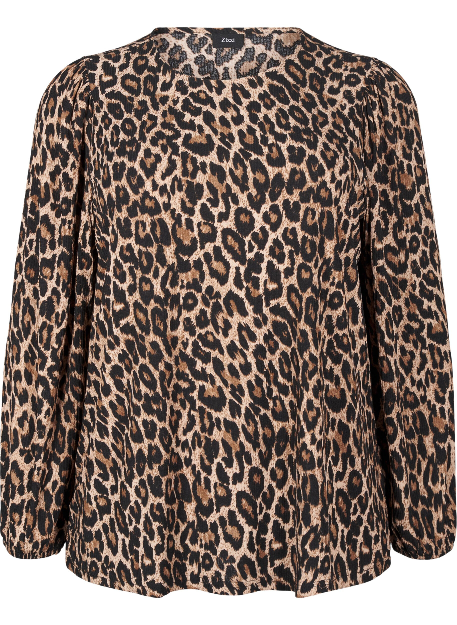 ZizziBlus med l&aring;nga &auml;rmar och leopardm&ouml;nster, Brun, Packshot image number 0