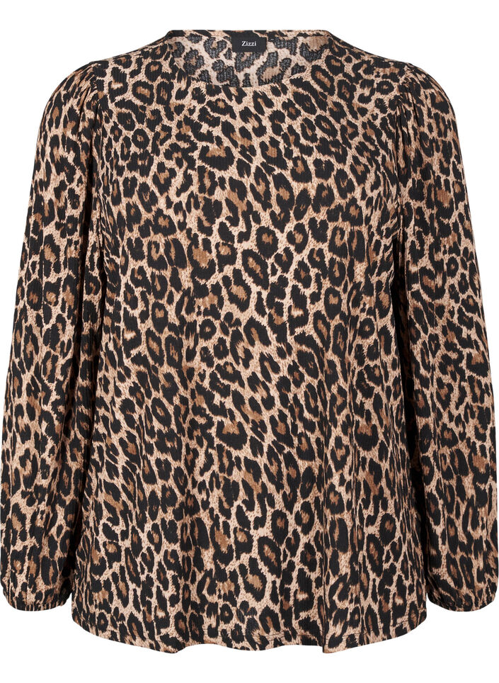 Blus med l&aring;nga &auml;rmar och leopardm&ouml;nster, Brun, Packshot image number 0