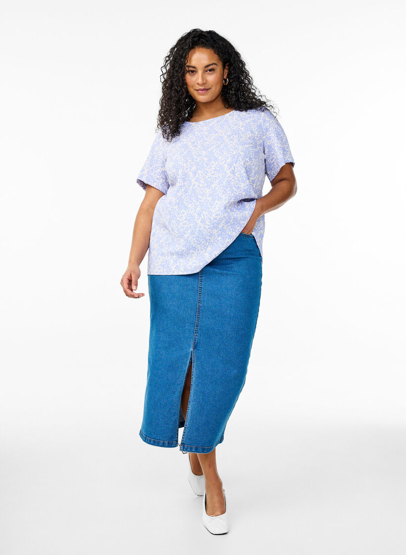 Kort&auml;rmad blus med struktur, Bl&aring;, Model image number 1