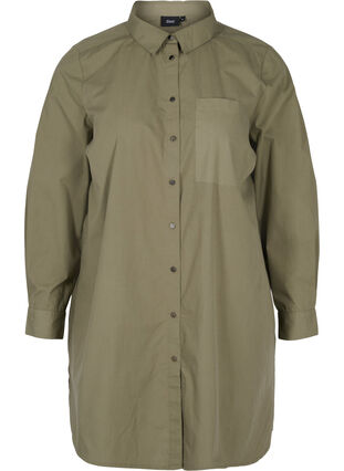Lång bomullsskjorta med krage och knappar, Dusty Olive, Packshot image number 0