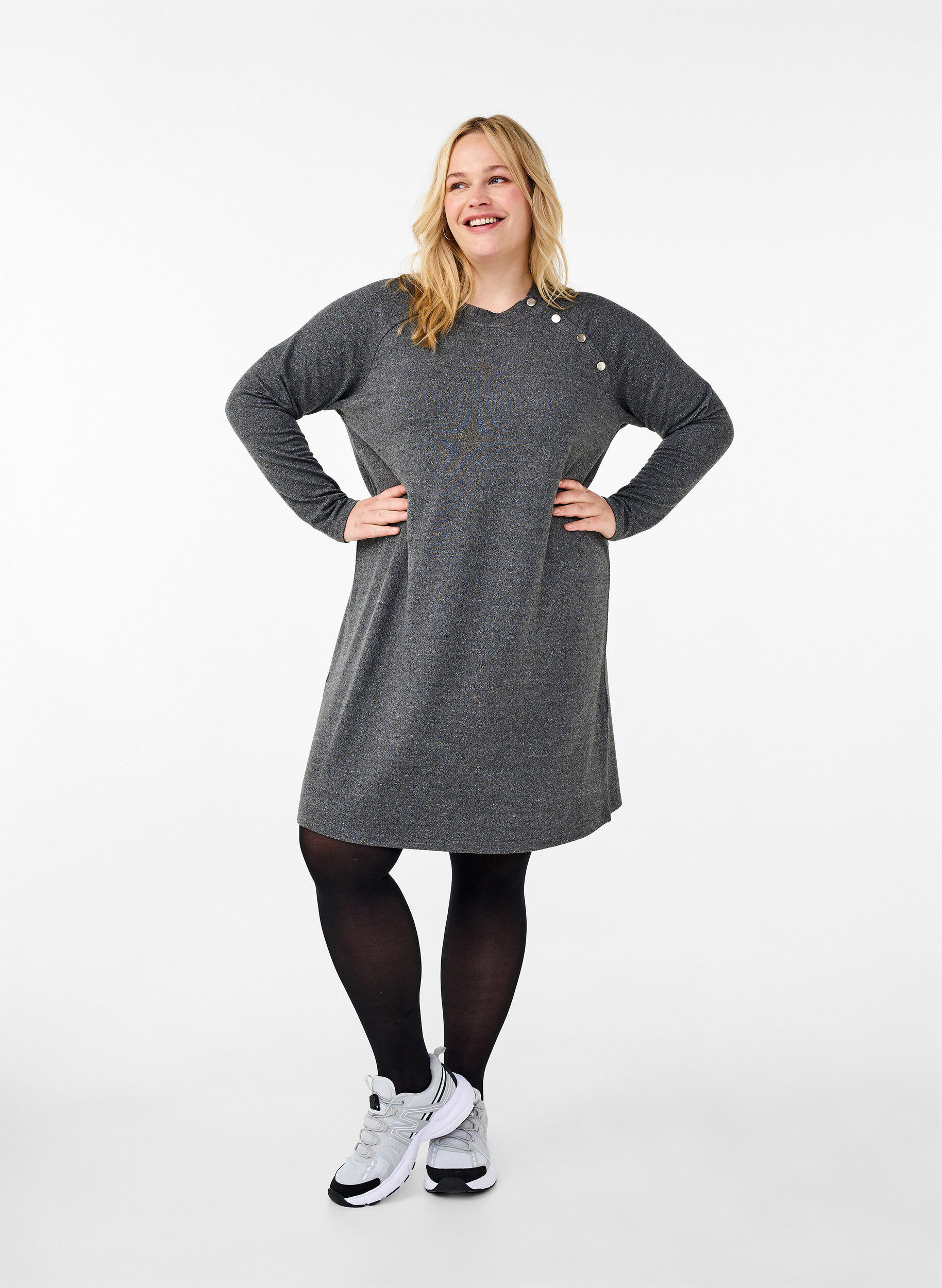 Zizzi Jerseykl&auml;nning med knappar, Dark Grey Melange, Model image number 2