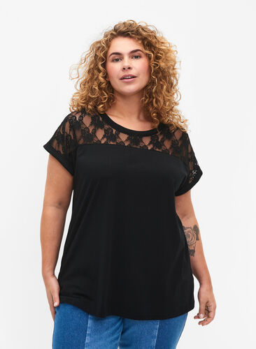 Kortärmad t-shirt av bomull med spets, Black, Model image number 0
