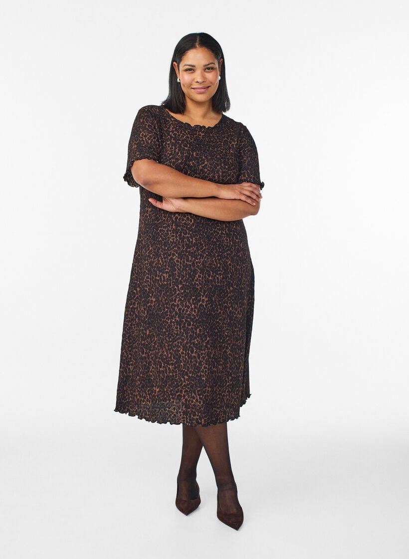 Strukturerad midikl&auml;nning med korta &auml;rmar, Brun, Model image number 0