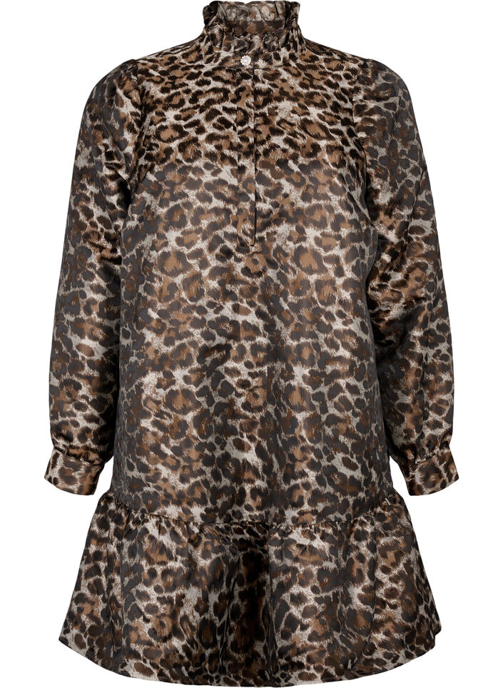 Kort jacquardklänning med leopardmönster, Brown Leo AOP, Packshot image number 0