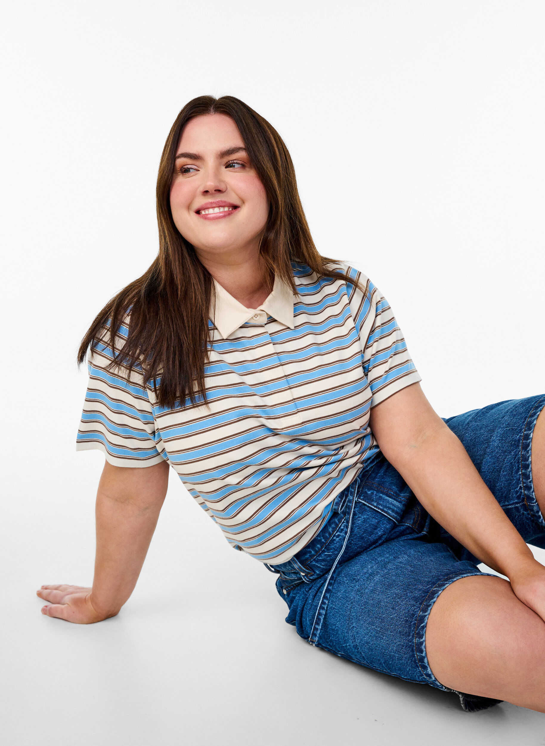 Zizzi Randig pik&eacute;tr&ouml;ja med korta &auml;rmar, Bl&aring;, Image image number 0