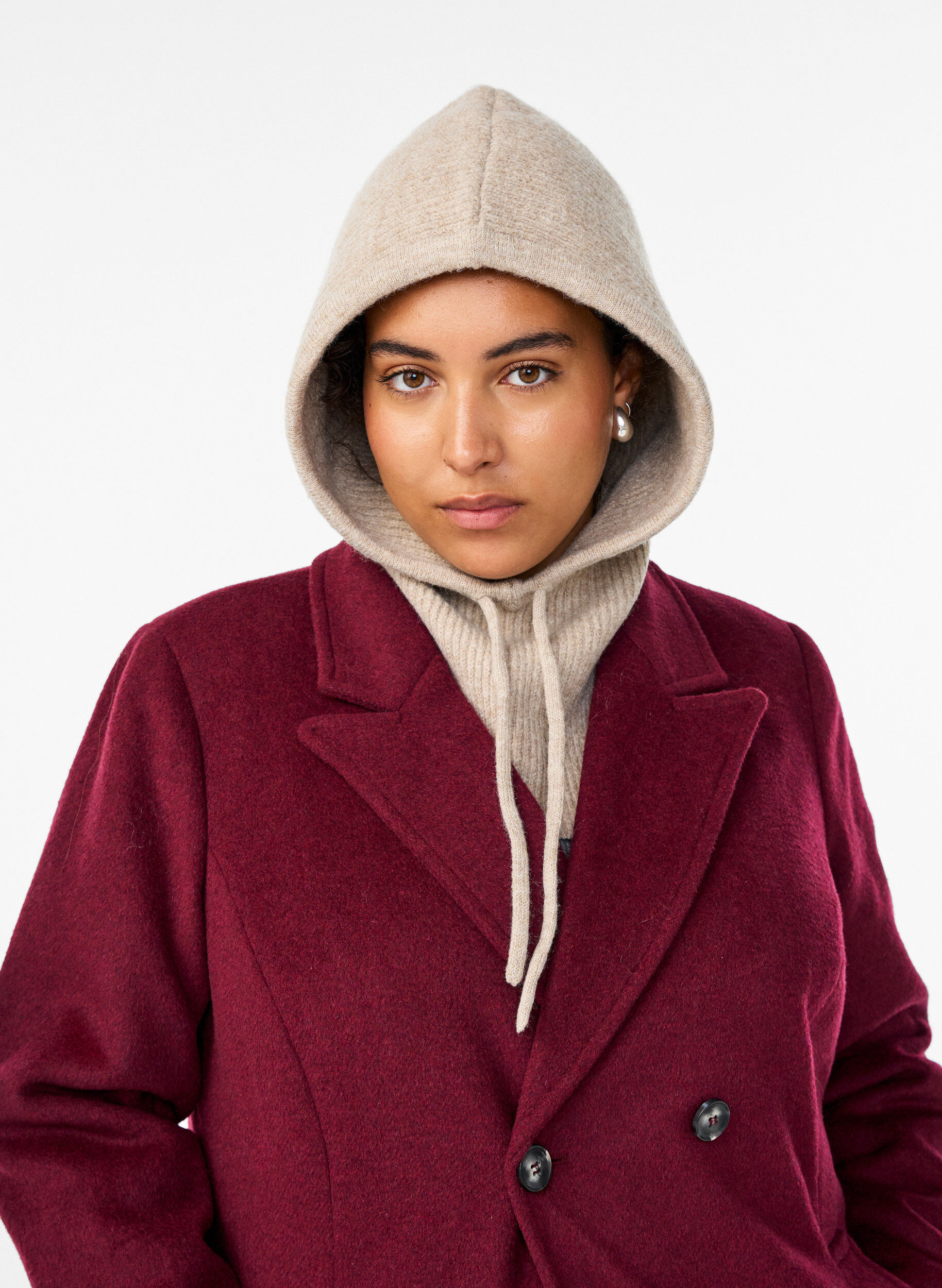 Stickad balaklava med dragsko, Beige, Model