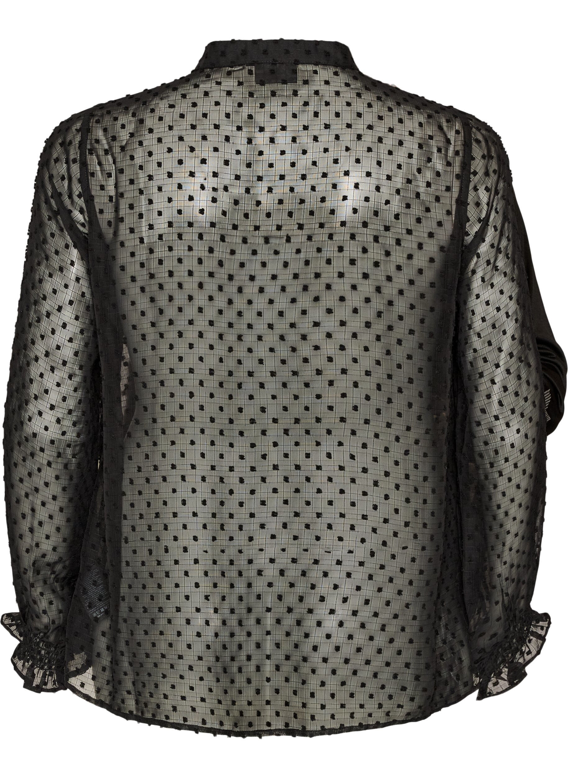ZizziSkjortblus med spetsinf&auml;llning och prickigt m&ouml;nster, Svart, Packshot image number 1