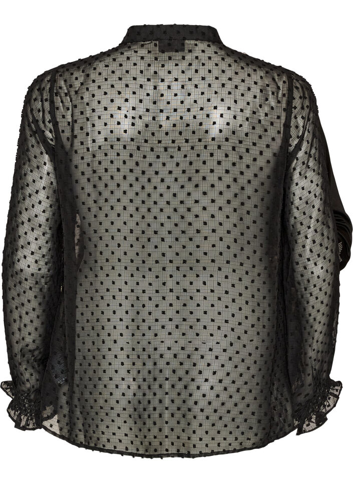 Skjortblus med spetsinf&auml;llning och prickigt m&ouml;nster, Svart, Packshot image number 1