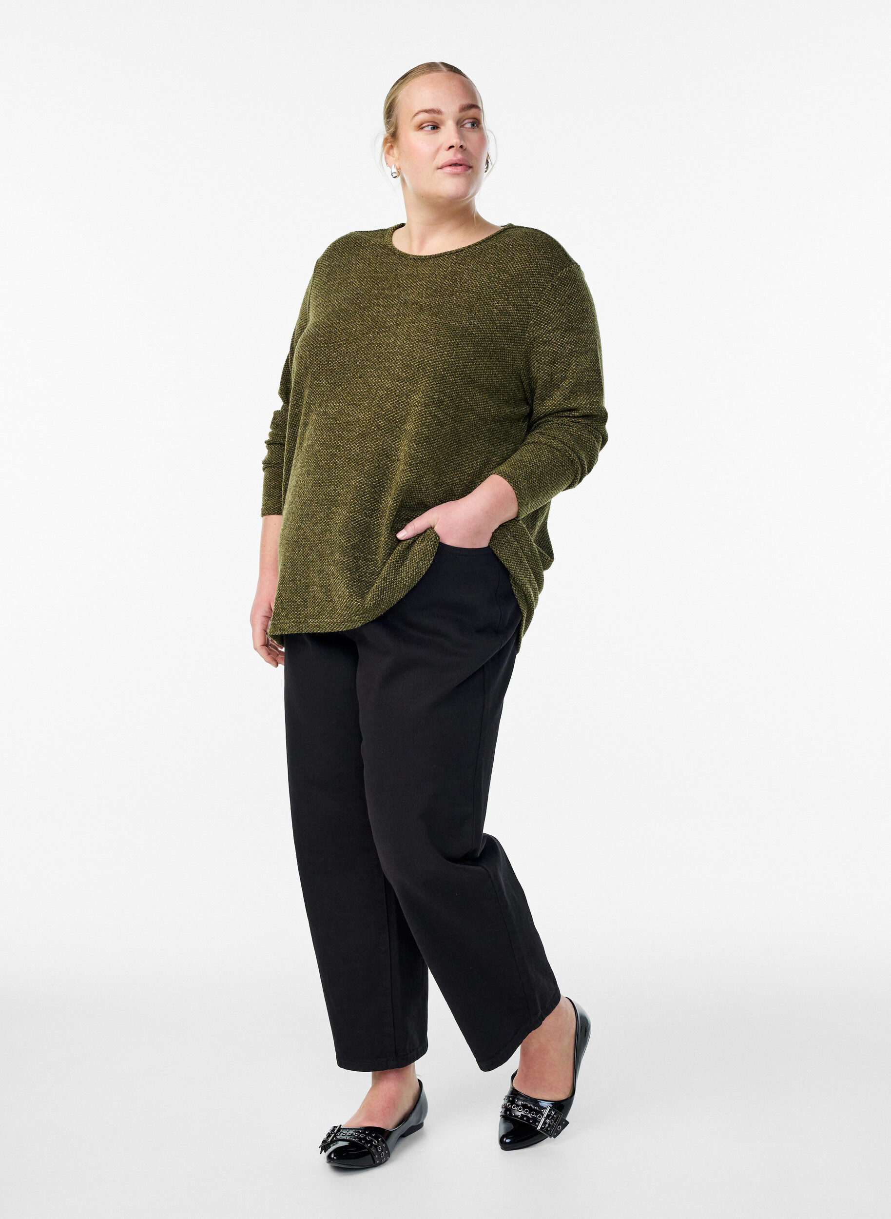 ZizziL&aring;ng&auml;rmad blus med textur, Gr&ouml;n, Model image number 1