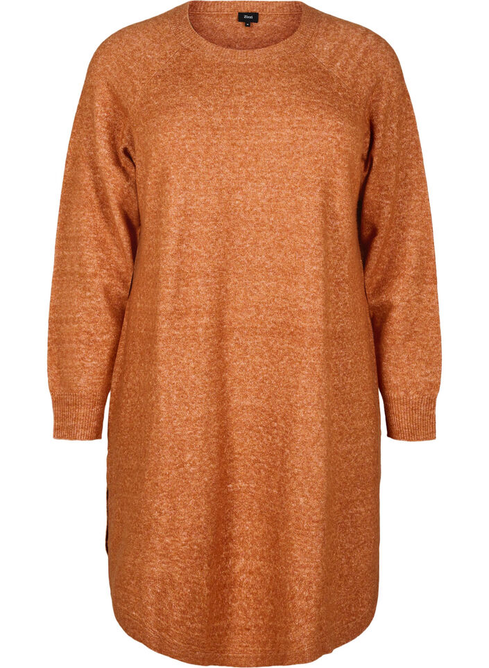 Stickad kort klänning med rund halsringning, Orange, Packshot image number 0