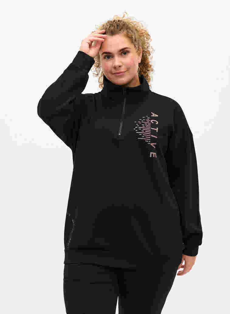 Höghalsad sweatshirt med dragkedja, Black, Model image number 0