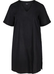 Kortärmad klänning i bomullsmix med linne, Black