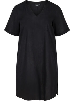 Kortärmad klänning i bomullsmix med linne, Black, Packshot image number 0