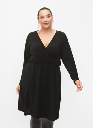 Glitterklänning med omlott och långa ärmar, Black Black, Model image number 0