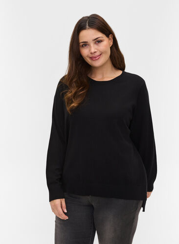 Långärmad tröja med ribb och slits, Black, Model image number 0