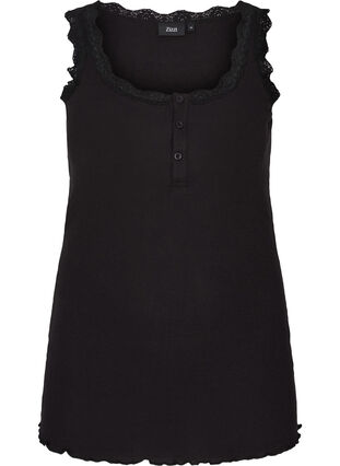 Ribbat linne med spets och knappar, Black, Packshot image number 0