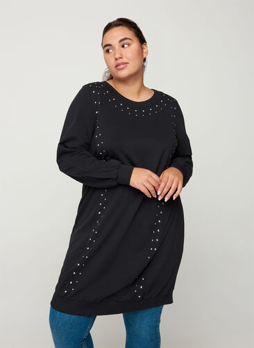 Klänning i sweatshirtmaterial med nitar, Black, Model image number 0