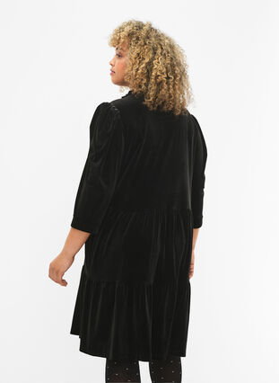 Klänning i velour med volangkrage och 3/4-ärmar, Black, Model image number 1