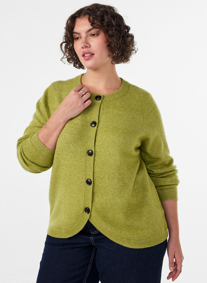Cardigan med knappar och rundad framtill, Gr&ouml;n, Model image number 0
