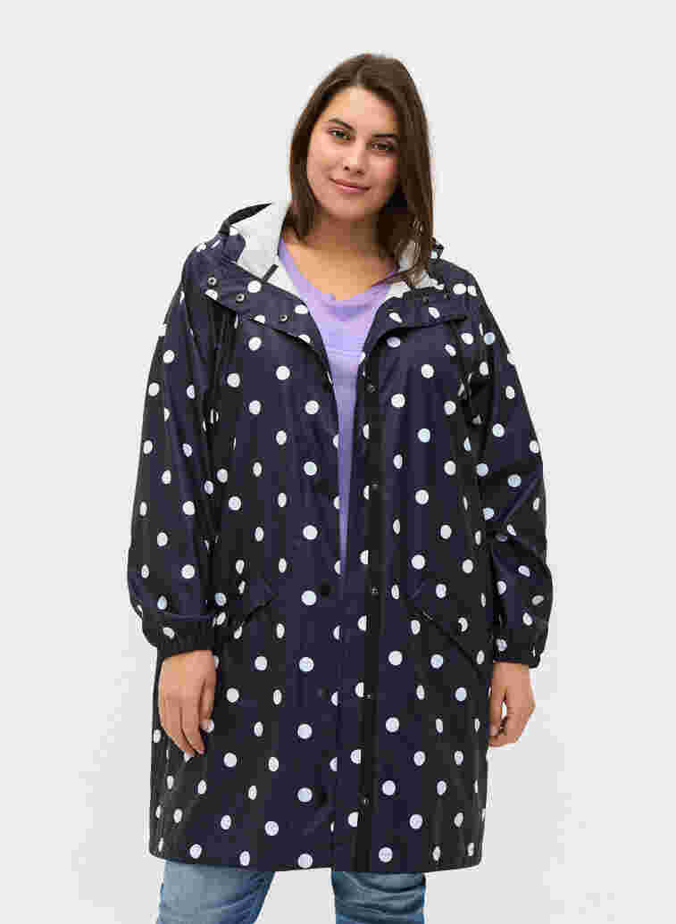 Mönstrad regnjacka med huva, Navy Blazer W/Dots, Model image number 0