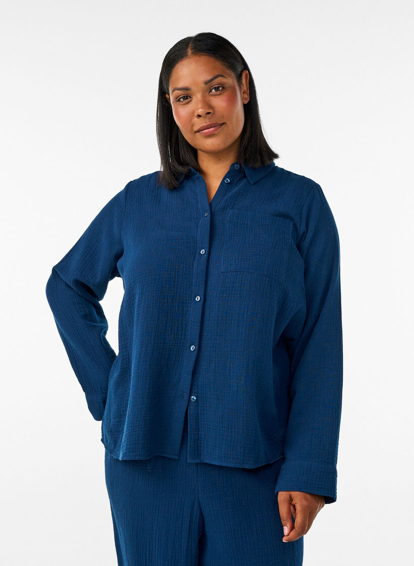 Nattskjorta i bomullsmuslin med l&aring;nga &auml;rmar, Bl&aring;, Model image number 0