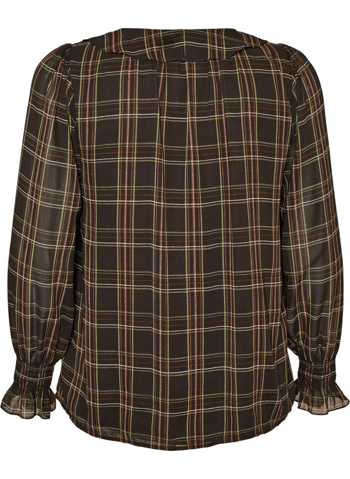 Blus med rutor och volangdetaljer, Gr&ouml;n, Packshot image number 1