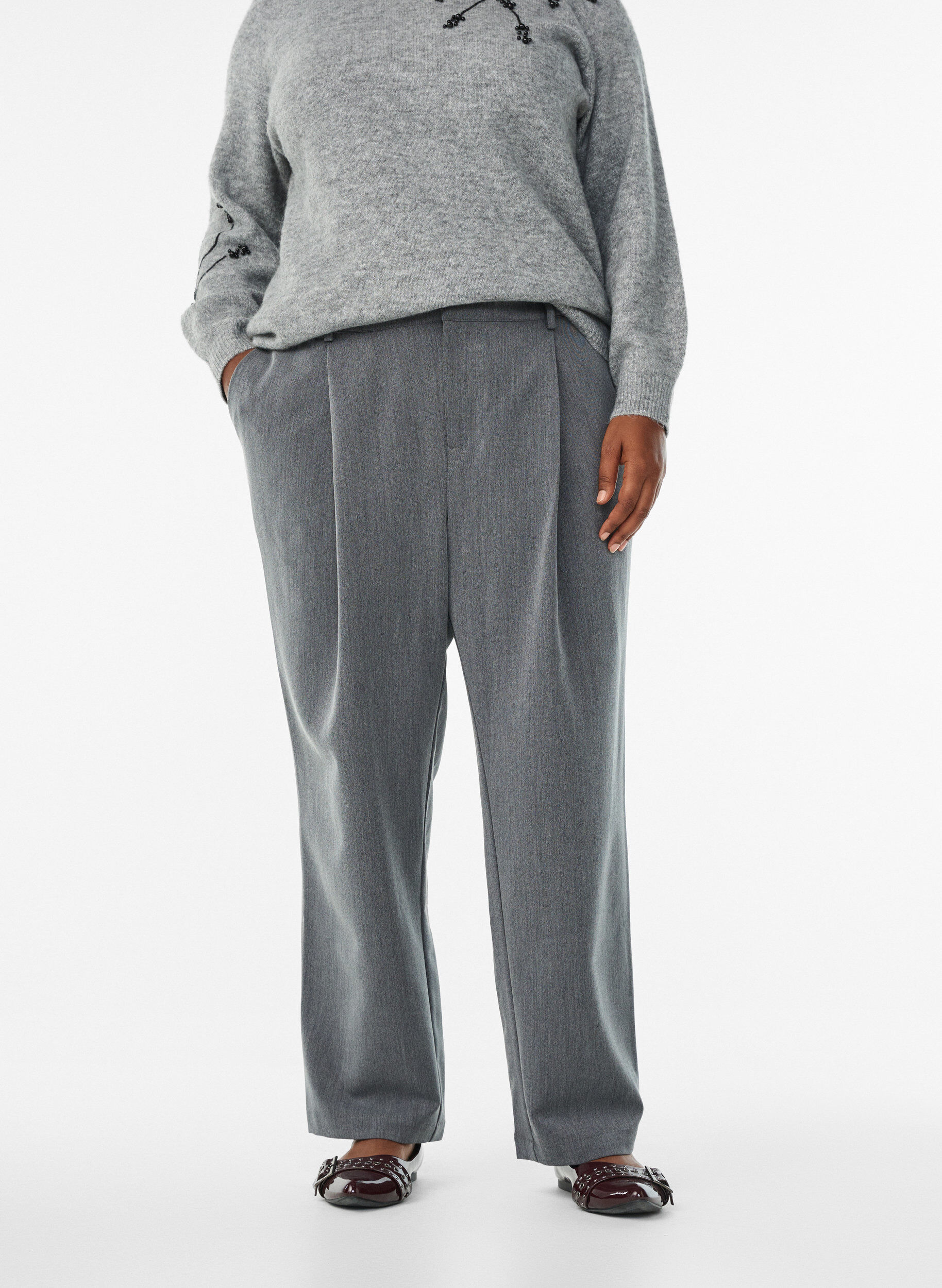 Zizzi Kostymbyxor med h&ouml;g midja och raka ben, Gr&aring;, Model image number 2