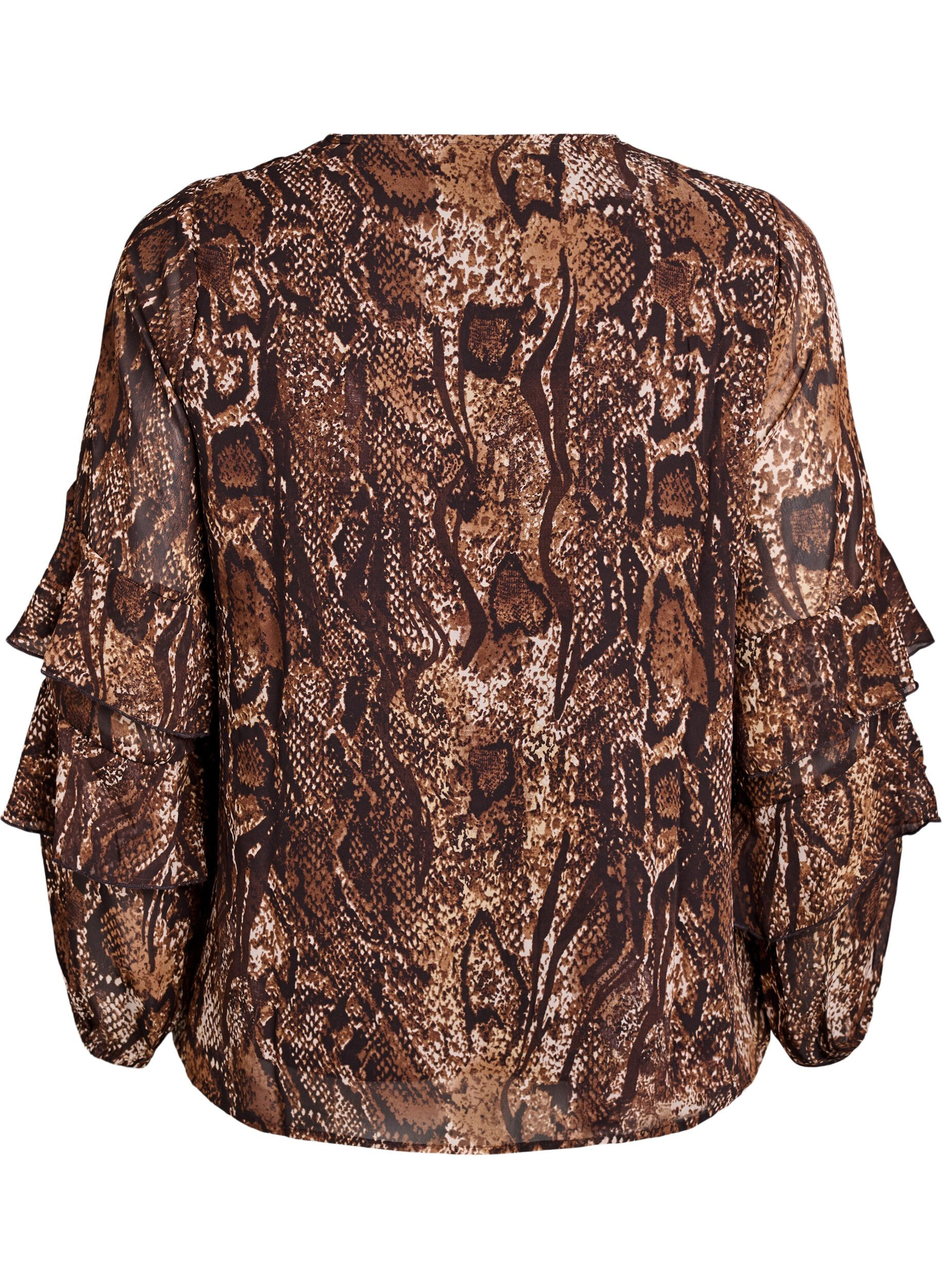 Zizzi Blus med djurm&ouml;nster och volanger, Brun, Packshot image number 1