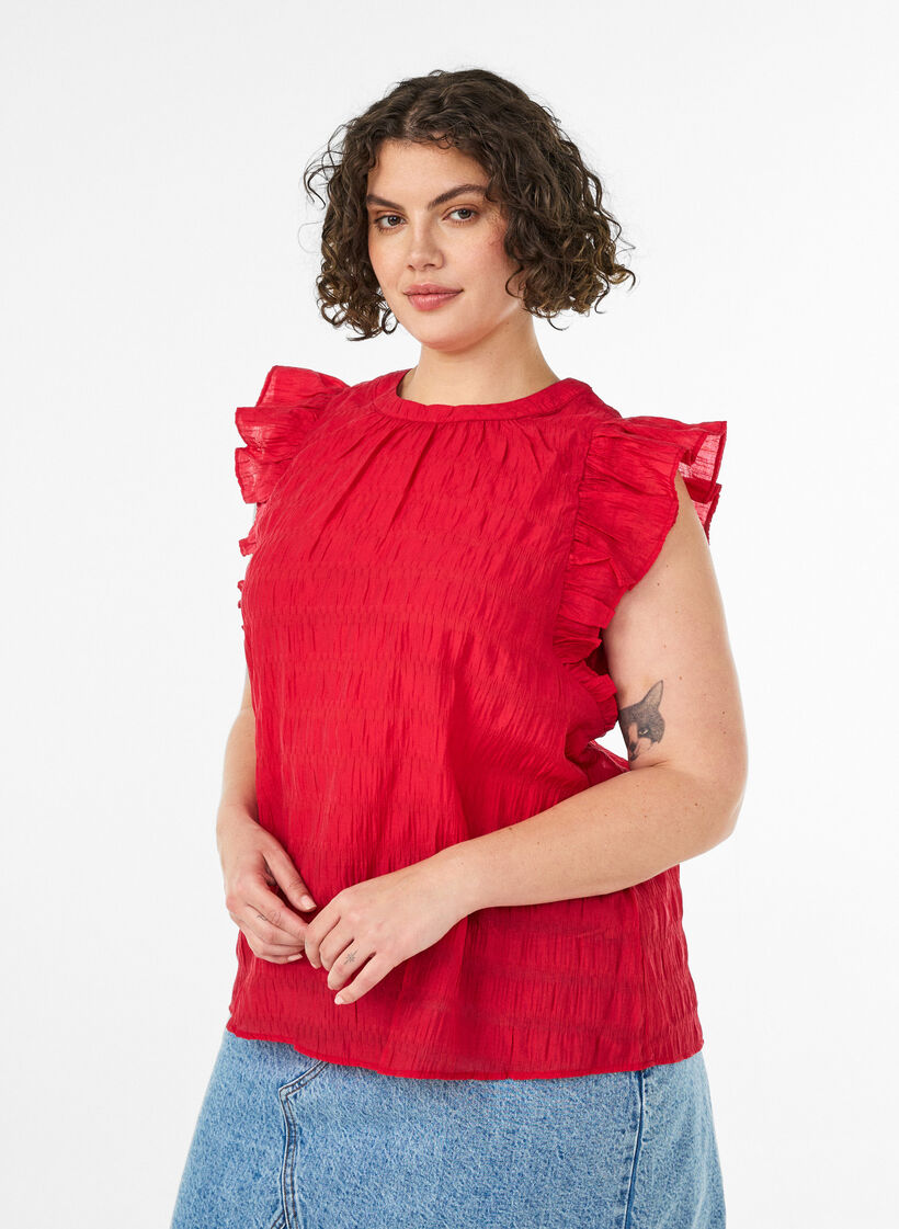&Auml;rml&ouml;s blus med struktur och volanger, R&ouml;d, Model image number 0