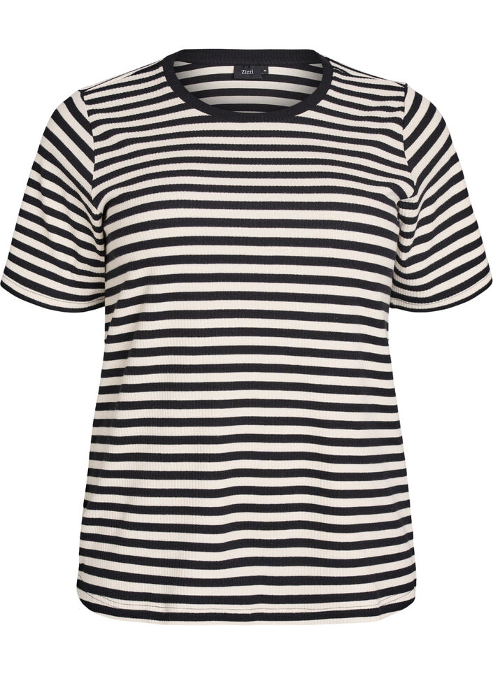 Randig t-shirt med ribbad struktur, Svart, Packshot image number 0