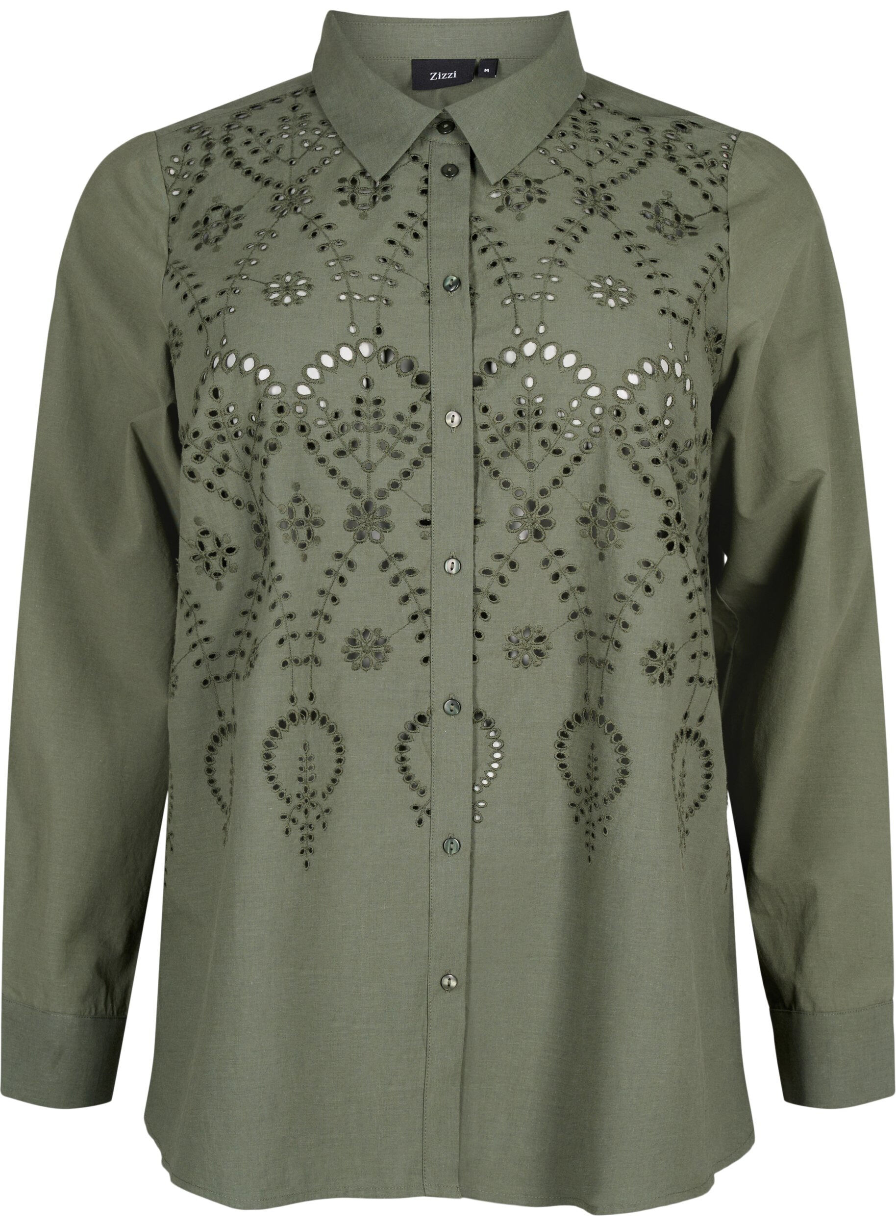 Zizzi Bomullsskjorta med broderi anglaise, Thyme, Packshot image number 0