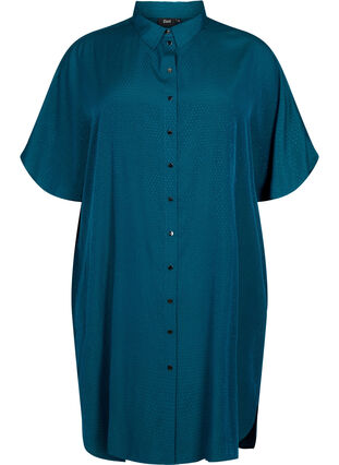 Kortärmad skjortklänning med prickigt mönster, Deep Teal, Packshot image number 0